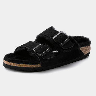 Arizona Shearling Black Suede Leather Sandals
