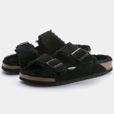 Arizona Shearling Black Suede Leather Sandals