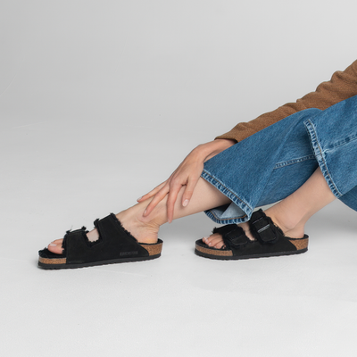 Arizona Shearling Black Suede Leather Sandals