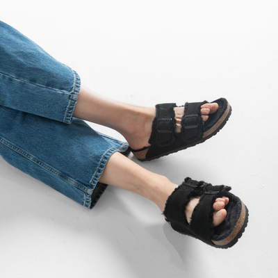 Arizona Shearling Black Suede Leather Sandals