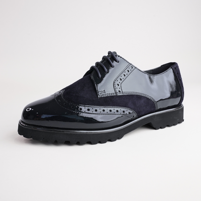 Meredith703 Navy Patent/ Navy Suede Leather Lace Up Flats