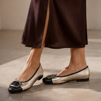 D0K12 Black/ Pale Gold Ballet Flats