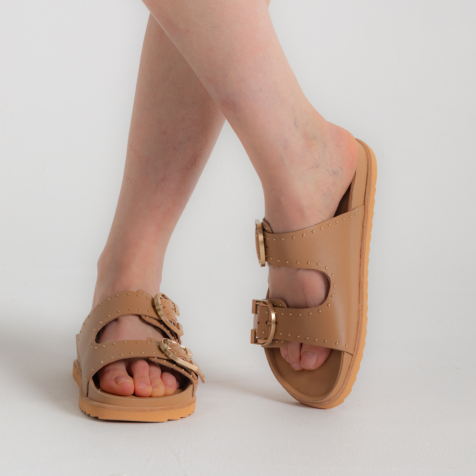 Deon Camel Stud Leather Sandals