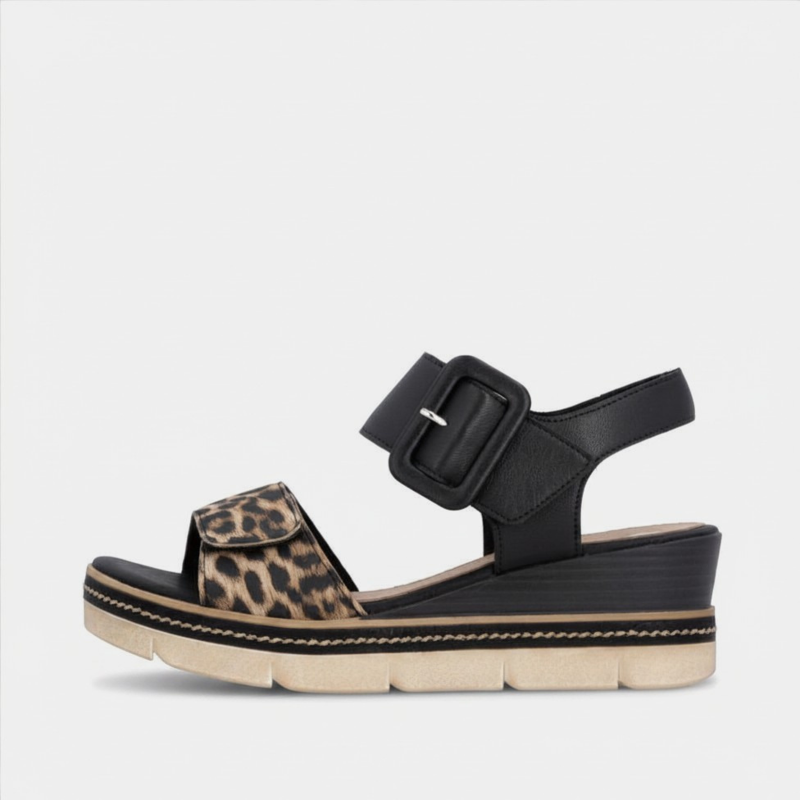 D2L53 Natural Leopard/Black Wedge Sandals