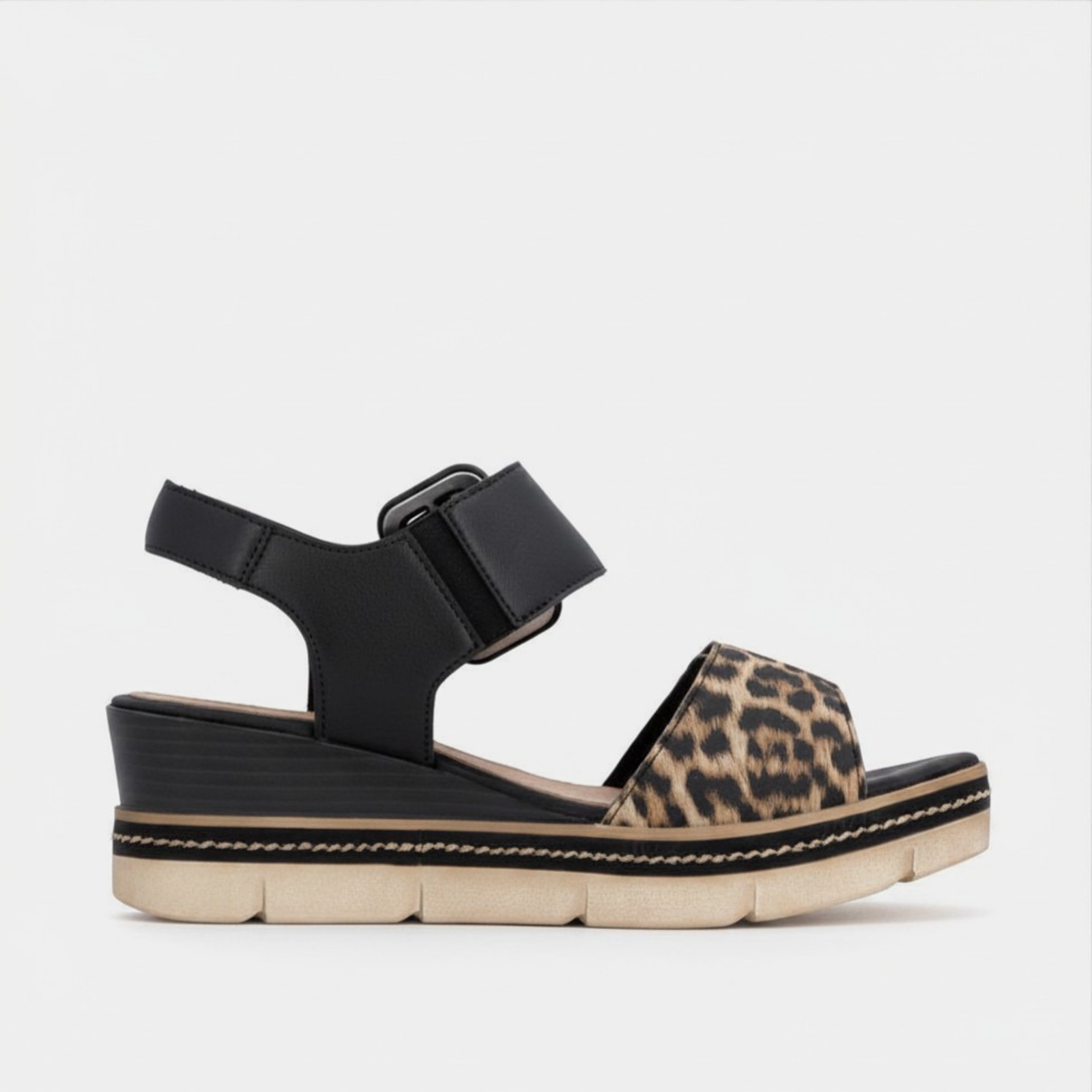D2L53 Natural Leopard/Black Wedge Sandals