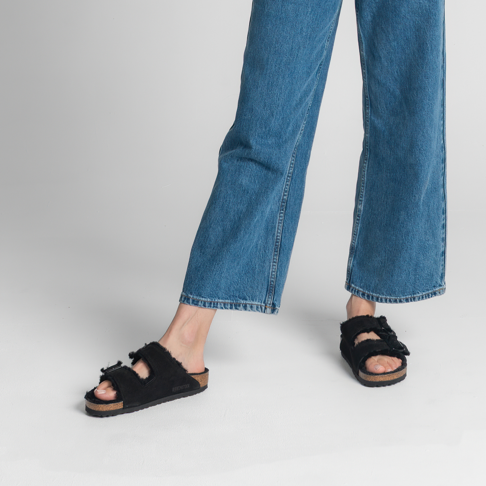 Arizona Shearling Black Suede Leather Sandals