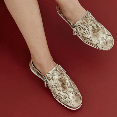 Ashli Neutral Metallic Snake Platino Leather Sneakers