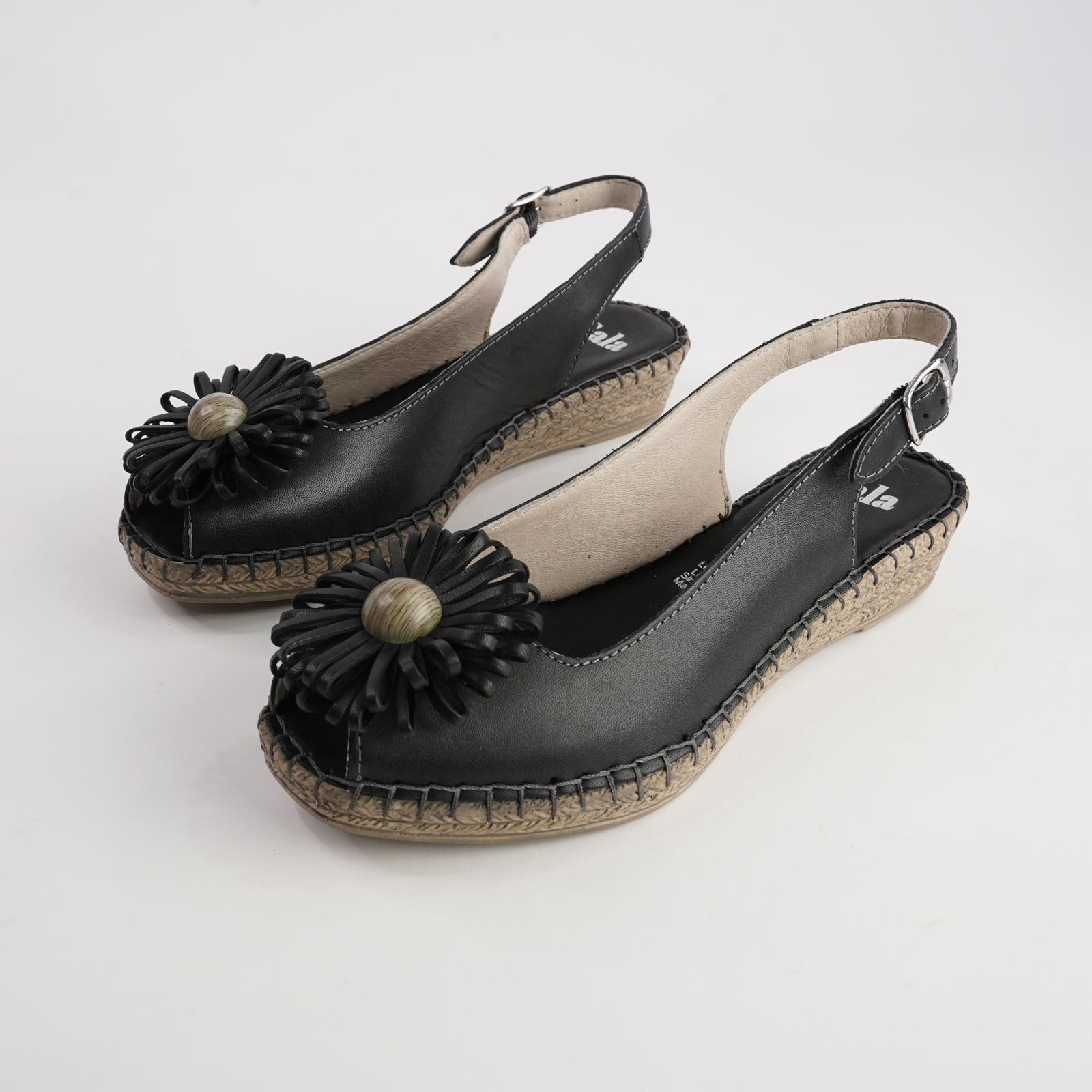 Erica Black Leather Espadrille Wedges