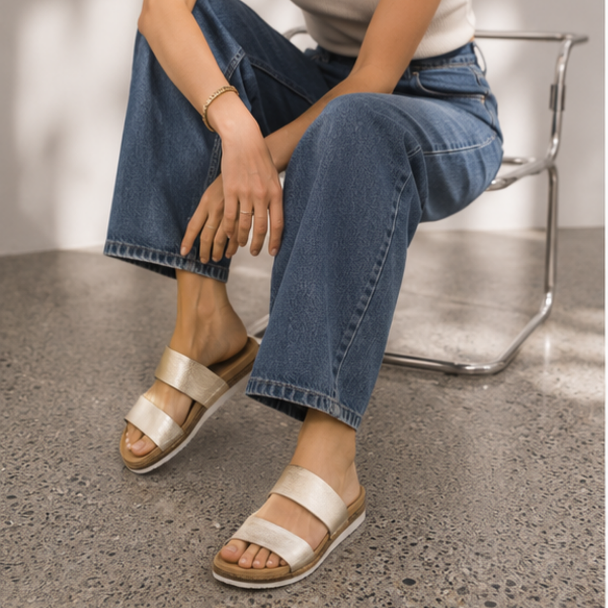 Maria III White Gold Pebbled Leather Sandals