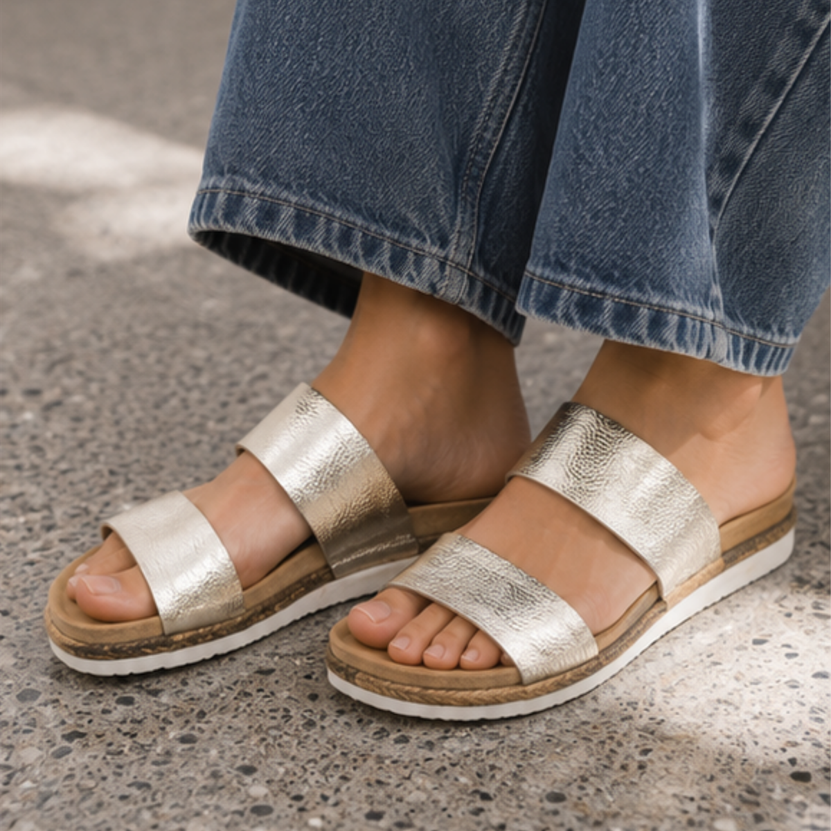 Maria III White Gold Pebbled Leather Sandals