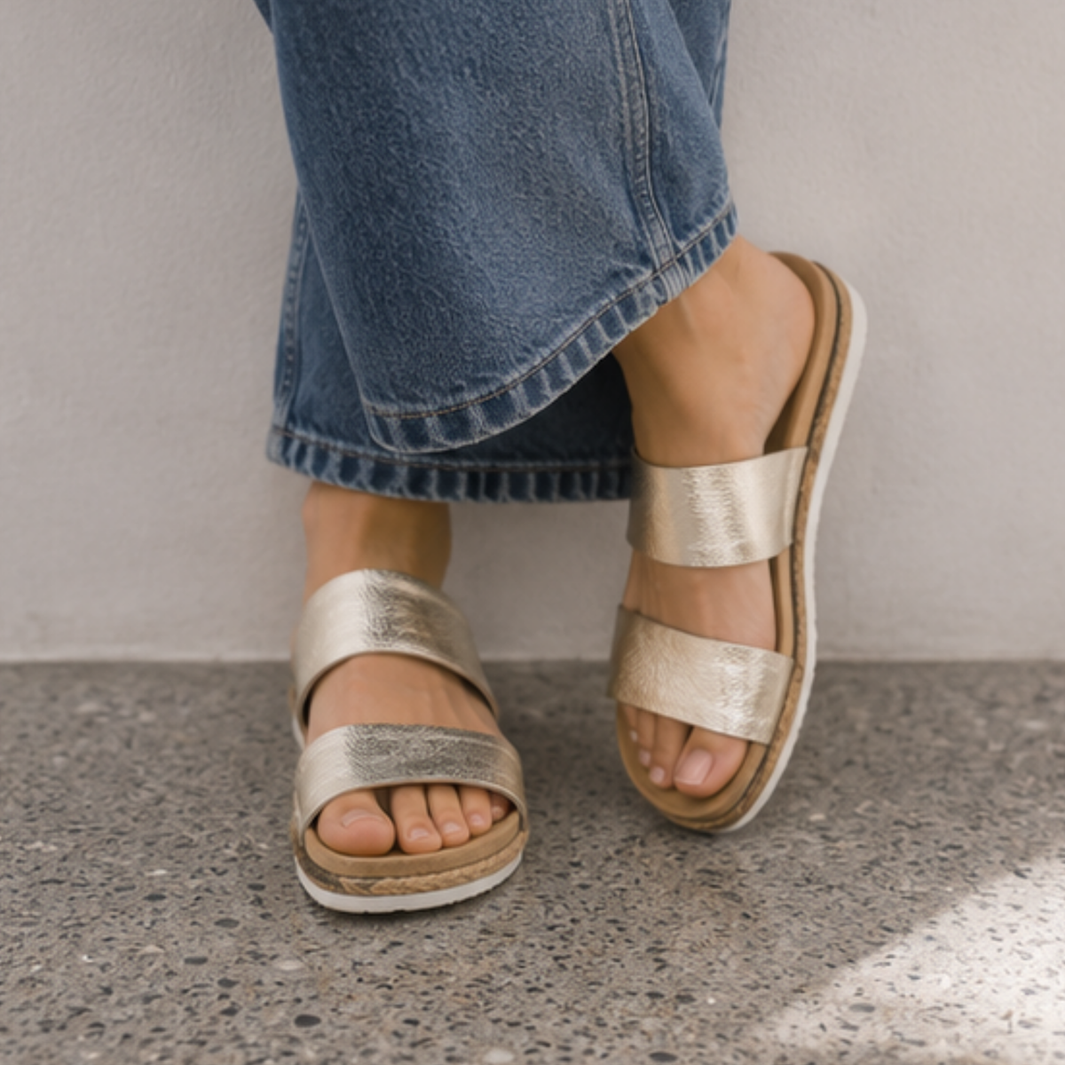 Maria III White Gold Pebbled Leather Sandals