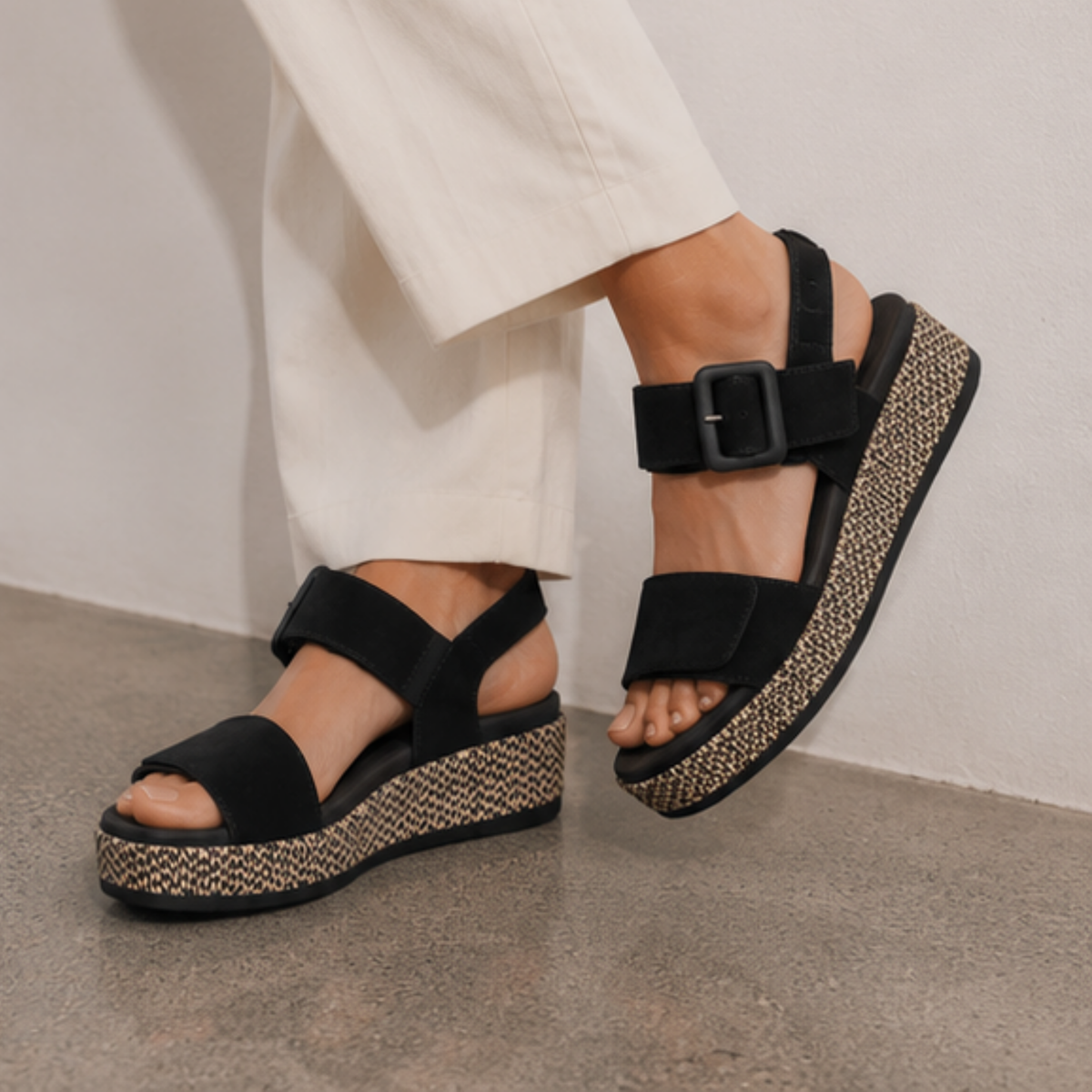 D1N54 Black Suede Wedge Sandals