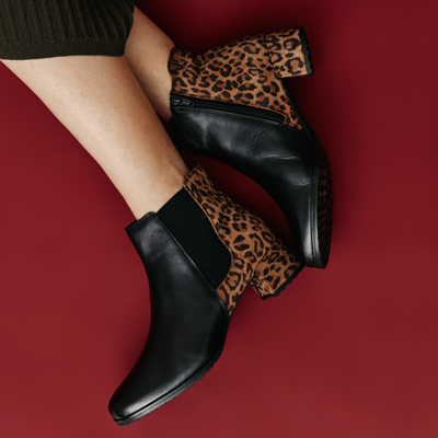 Fendrina-710 Black Leather Leopard Ankle Boots