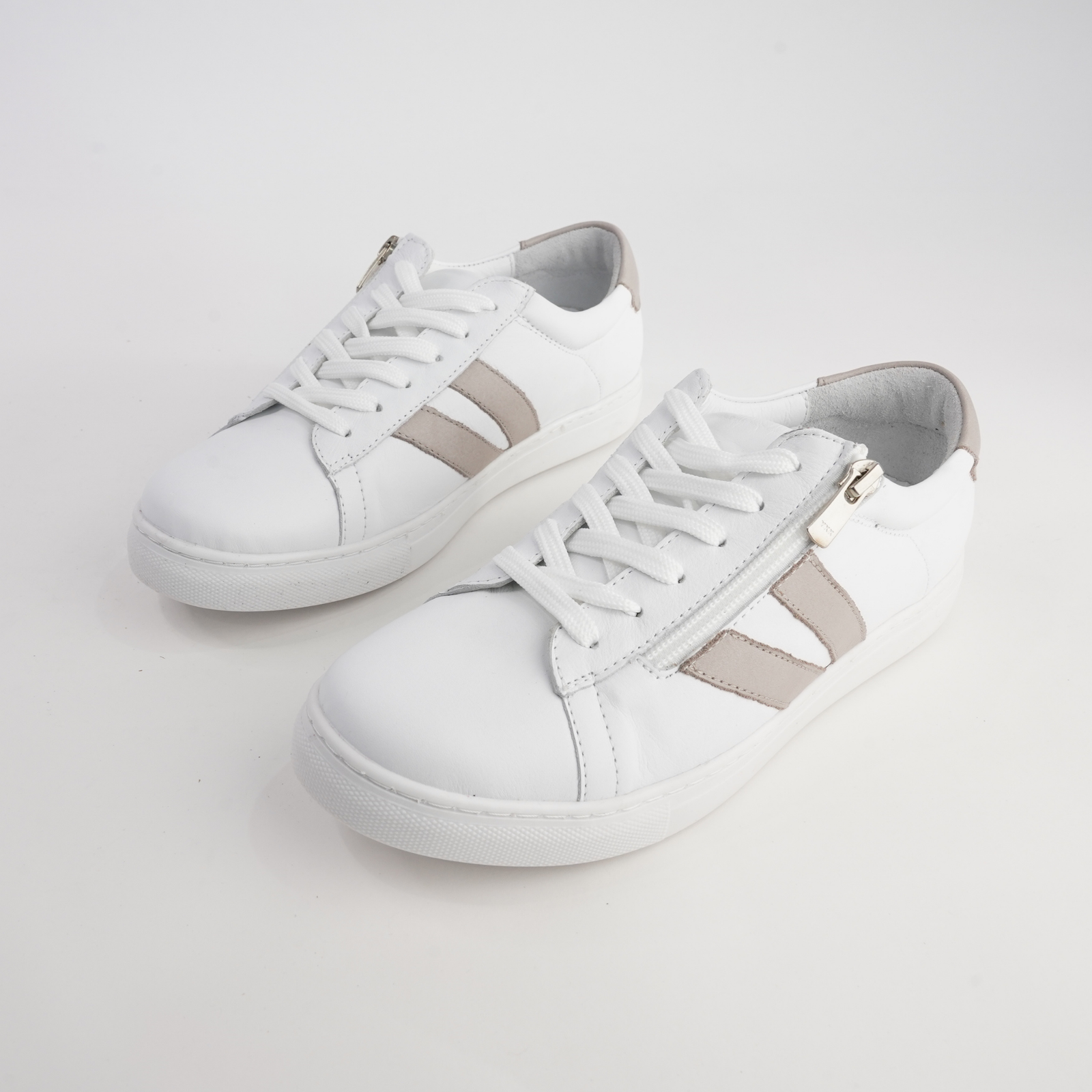 Ultimate White/ Taupe Leather Sneakers