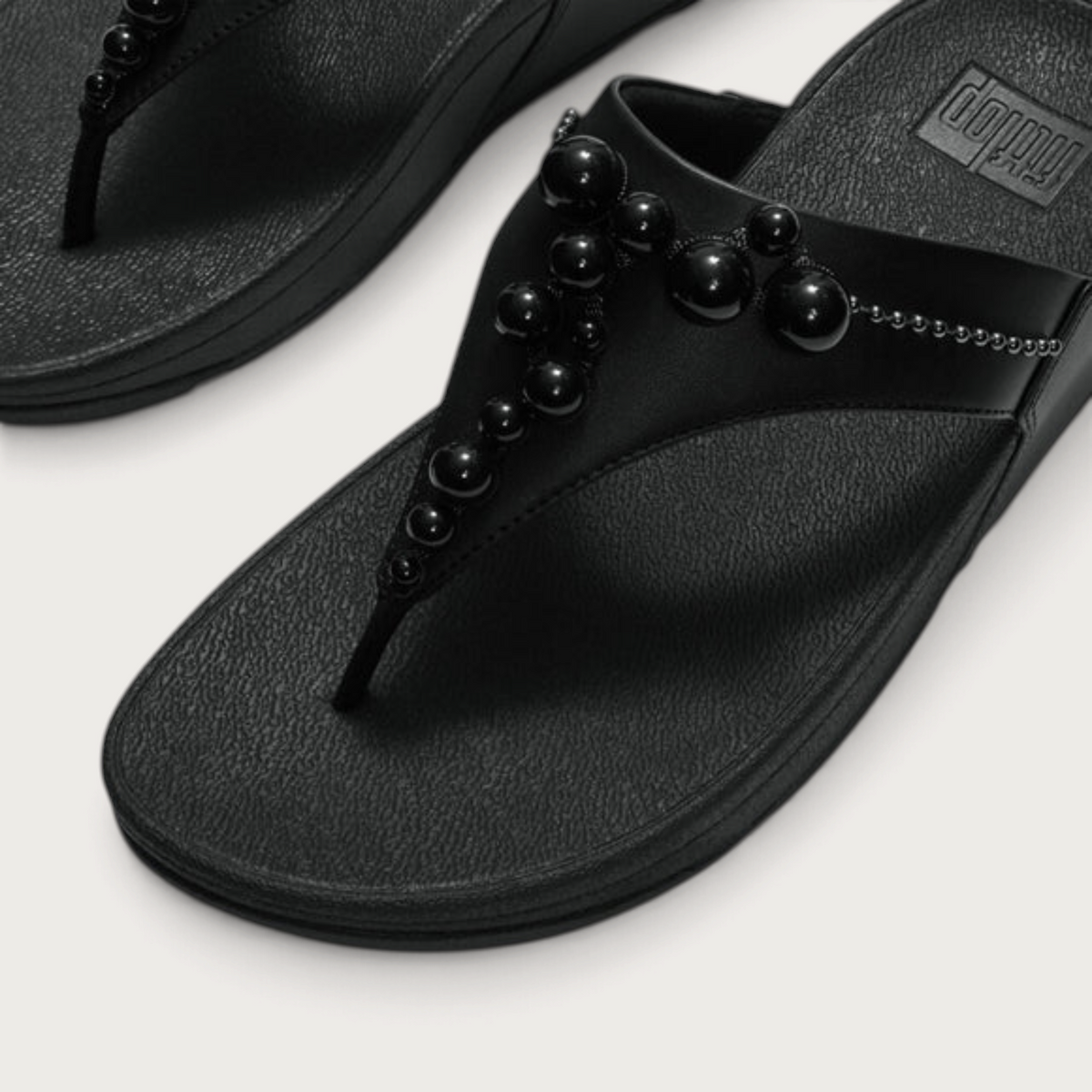 Lulu Leather Beaded Toepost All Black Sandals